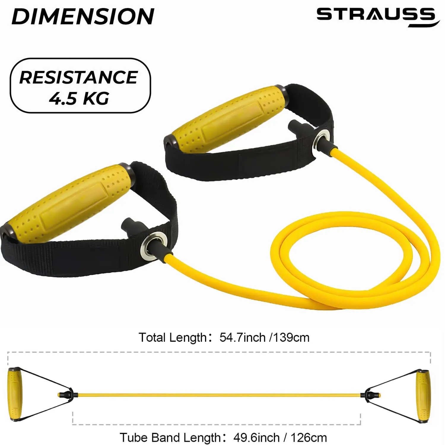 Strauss Single Resistance Tube with PVC Handles, Door Knob & Carry Bag | Single Toning Tube for Stretching, Workout, Home Gym and Toning with Heavy Quality D Shaped Handles | 4 Kg, (Yellow)