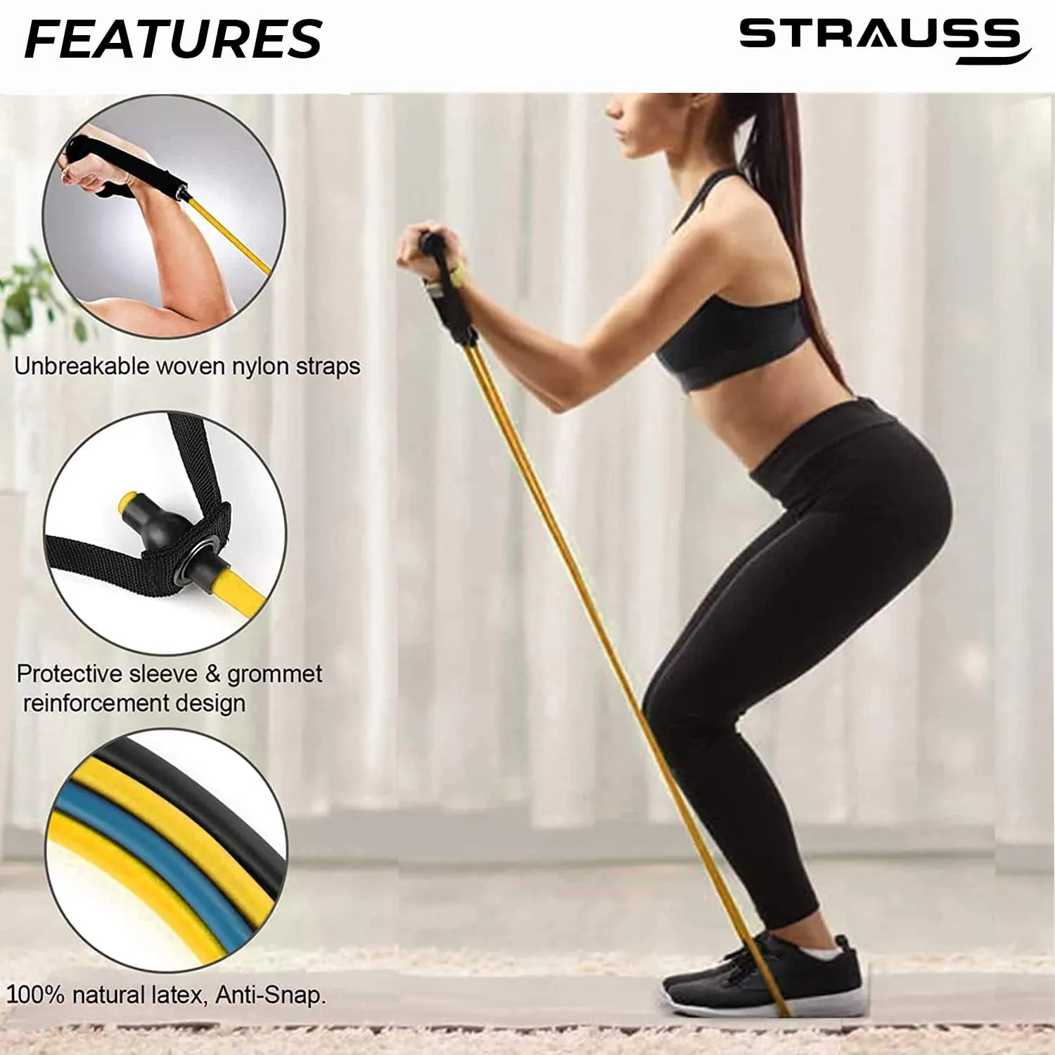 Strauss Single Resistance Tube with PVC Handles, Door Knob & Carry Bag | Single Toning Tube for Stretching, Workout, Home Gym and Toning with Heavy Quality D Shaped Handles | 4 Kg, (Yellow)