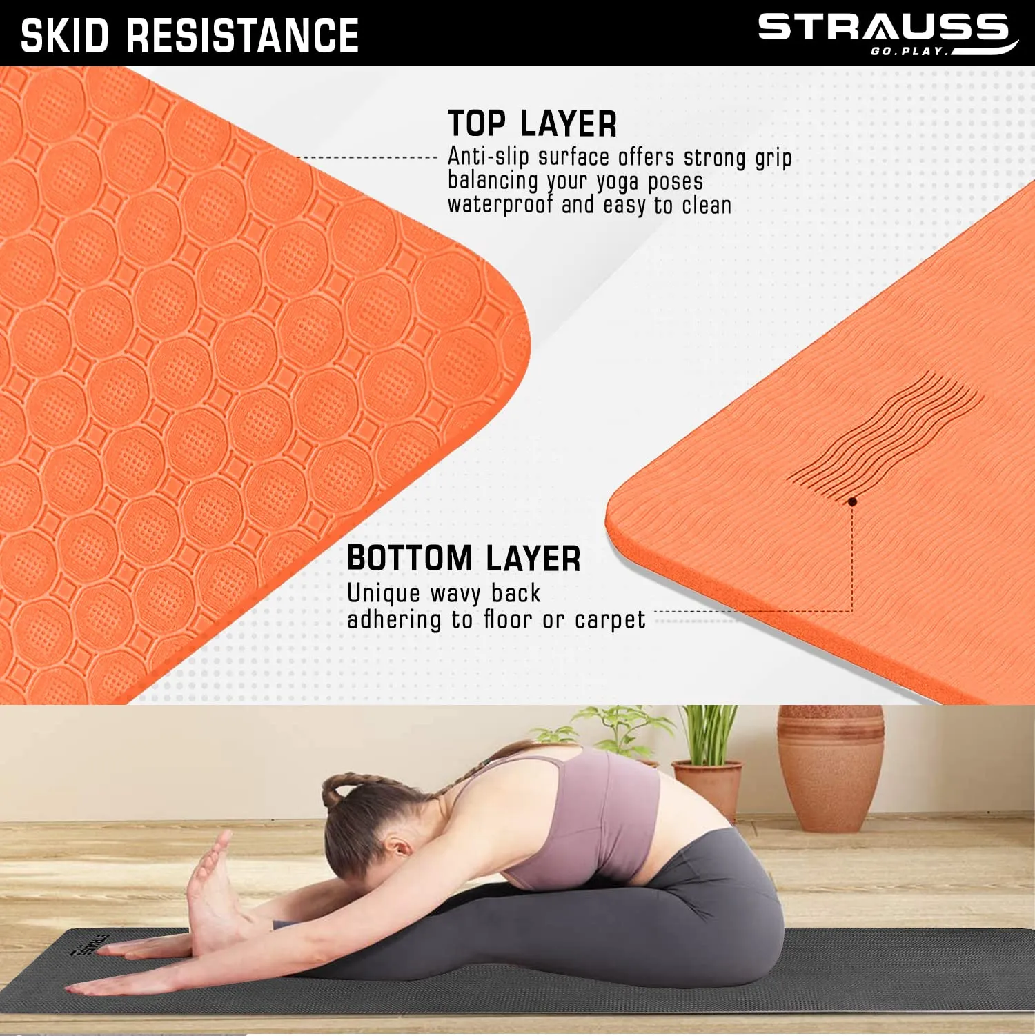 Strauss TPE Yoga Mat | Exercise Mat For Home Workout, Gym and Yoga Sessions | Anti Slip Gym Mat | Workout Mat For Men, Women and Kids | Yoga Mat With Carry Strap | Thickness: 4MM,(Orange)