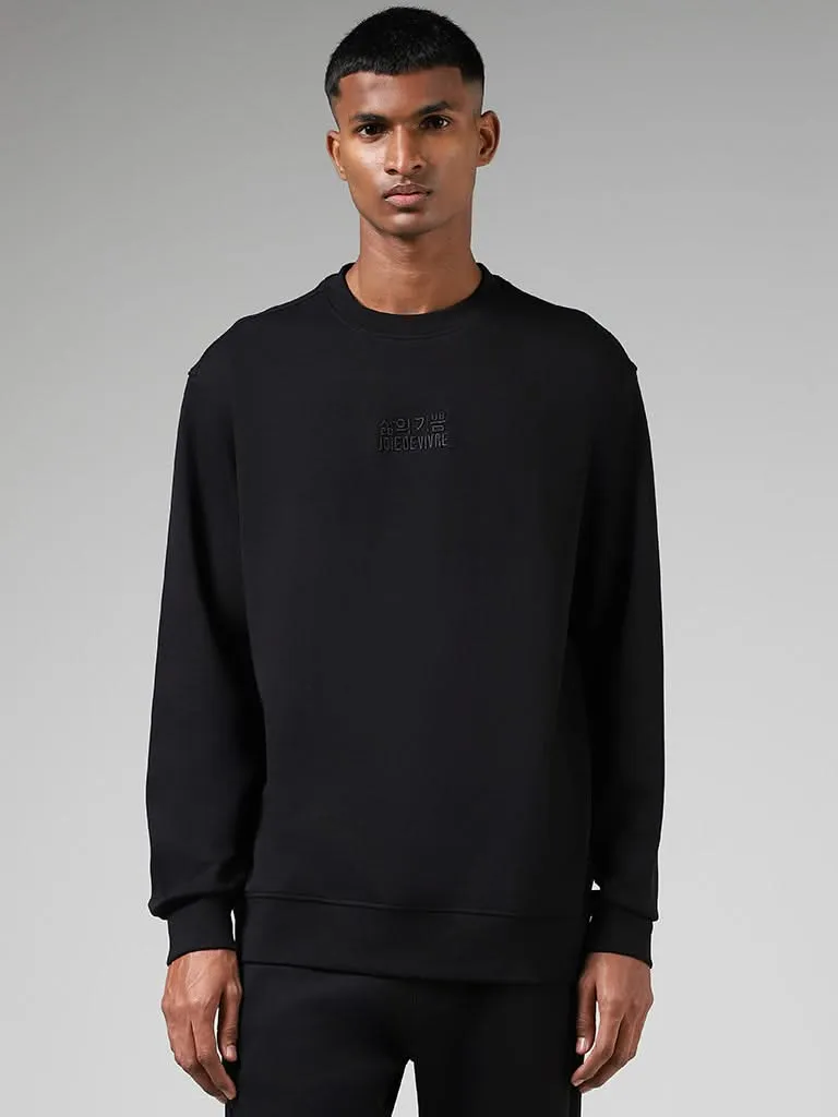 Studiofit Black Embroidered Cotton Blend Relaxed-Fit Sweatshirt