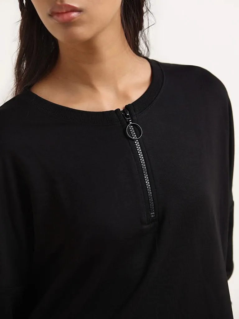 Studiofit Black Zipper Cotton T-Shirt