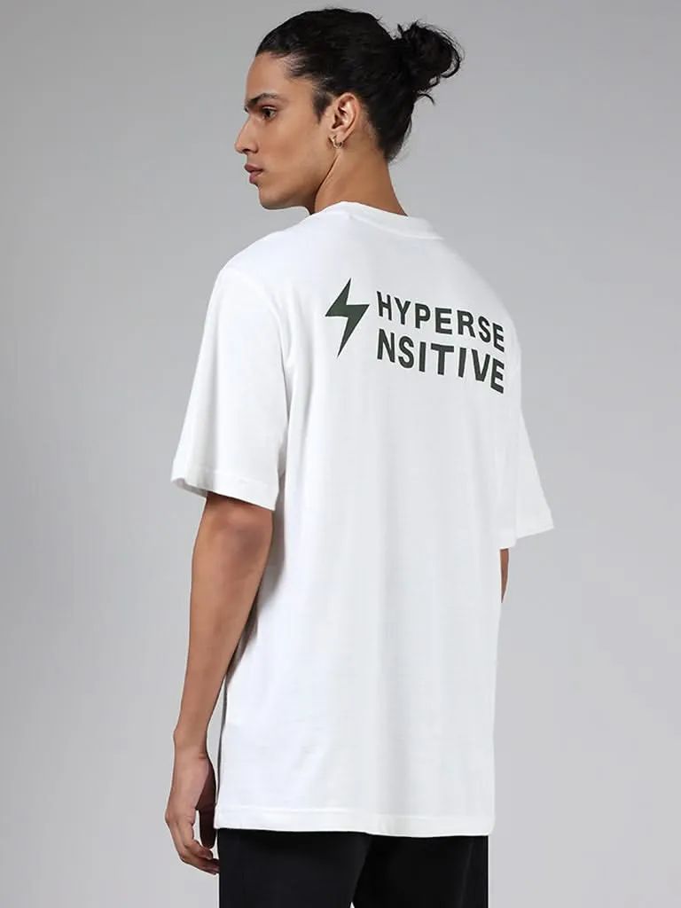 Studiofit Off White Typographic Printed Cotton Relaxed-Fit T-Shirt