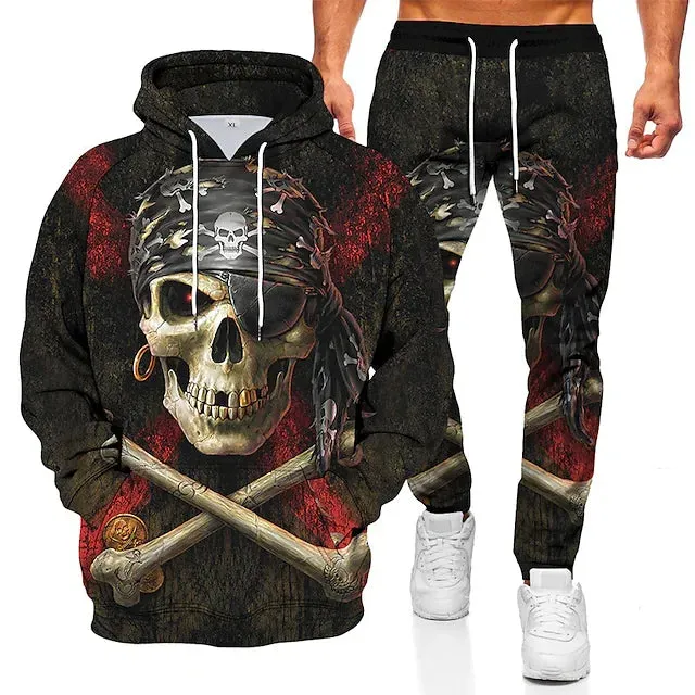 Tracksuit Hoodies Set Hooded Graphic Skull 2 Piece Print Sports & Outdoor Casual Sports 3D Print Basic Streetwear Sportswear Clothing Apparel Hoodies Sweatshirts Long Sleeve Orange Red / Fall