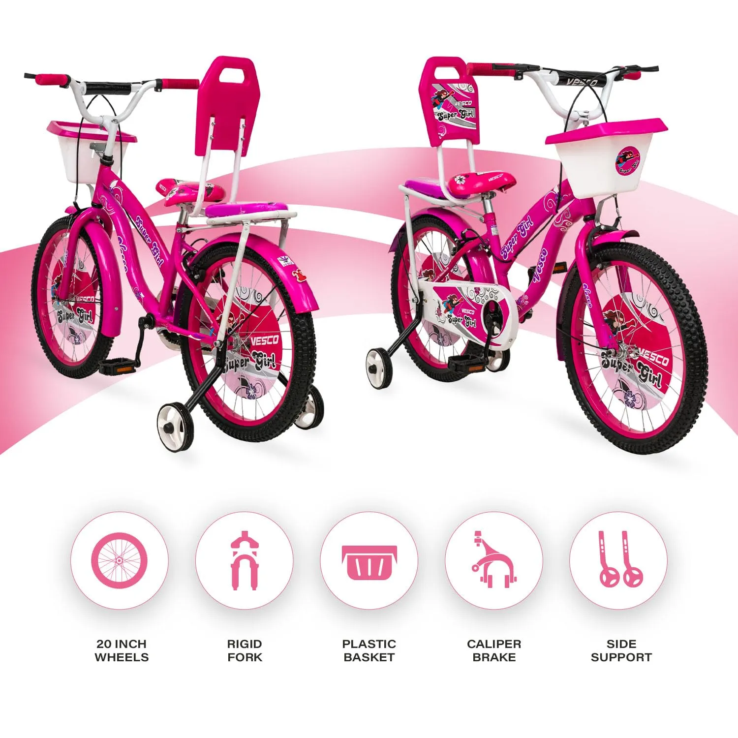 VESCO Super Girl Cycle 20-T Kid's Bikes | Balance Wheel Bicycle Kid Girls | 20" inches | Ideal for 6-9 Years (Pink)