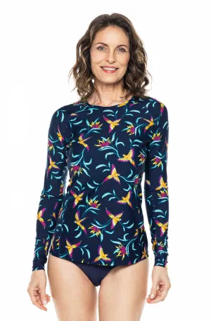 Women's Hightide Long Sleeve Swim Shirt  |  Navy Birds of Paradise